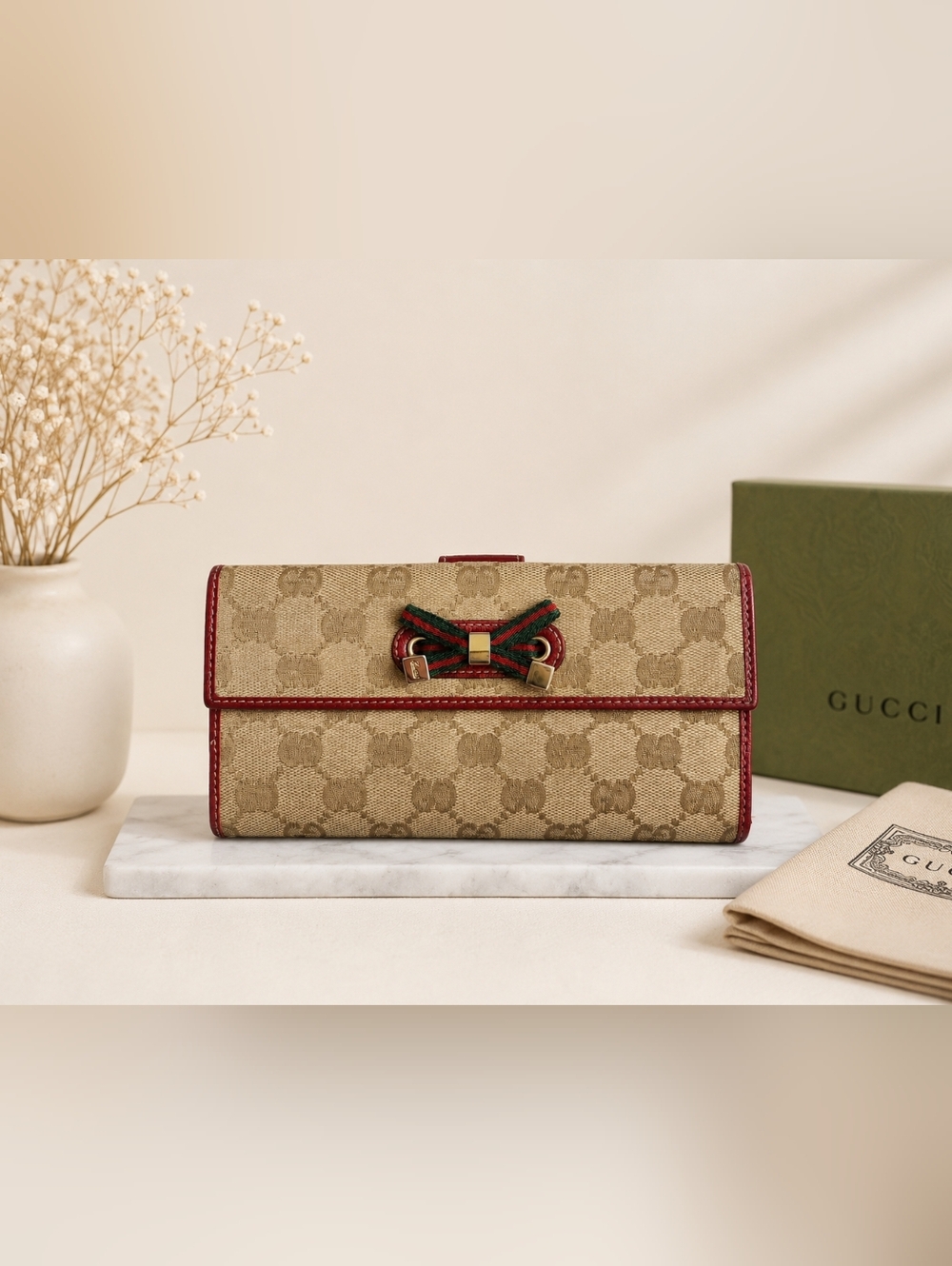 Vintage Gucci GG Canvas Bow Wallet With Certificate Of Authenticity